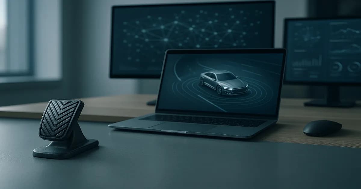 Autonomous vehicle navigating urban road with sensors and digital overlays