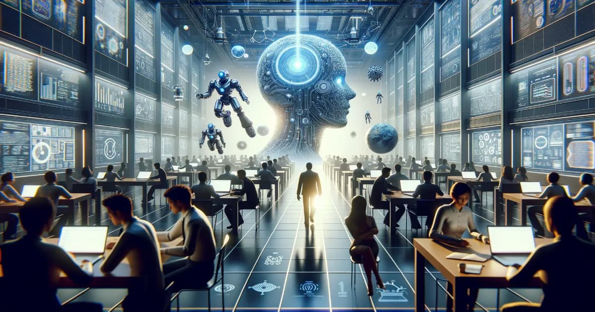 Illustration depicting AI-driven educational disruption and automation impact