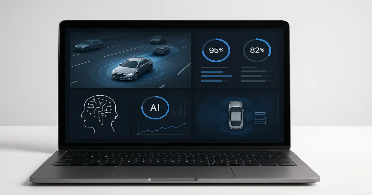 Autonomous vehicle navigating urban road with sensors and digital overlays