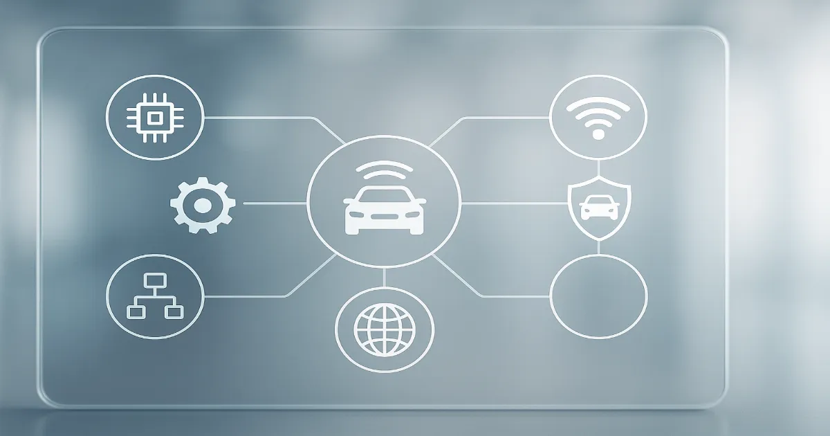 Autonomous vehicle navigating urban road with sensors and digital overlays
